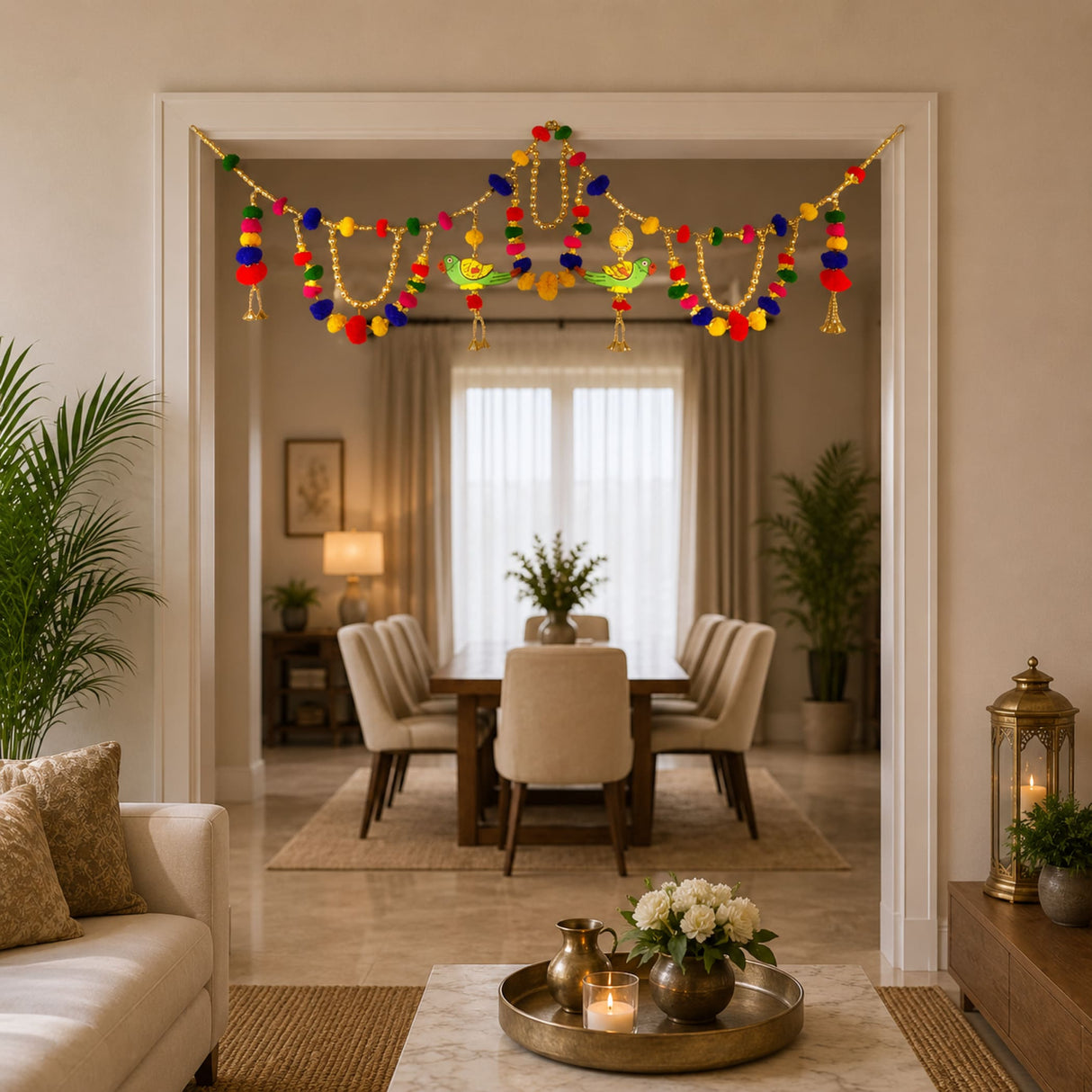 Colorful pom-pom and bead 40-inch parrot moti door toran with golden tassels for ethnic festival and wedding decor