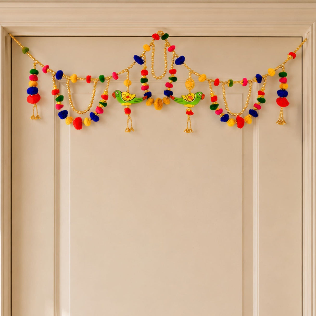 Forty inches parrot pompom indian moti door toran with green parrots red beaks colorful pom-poms golden chains for festival decor