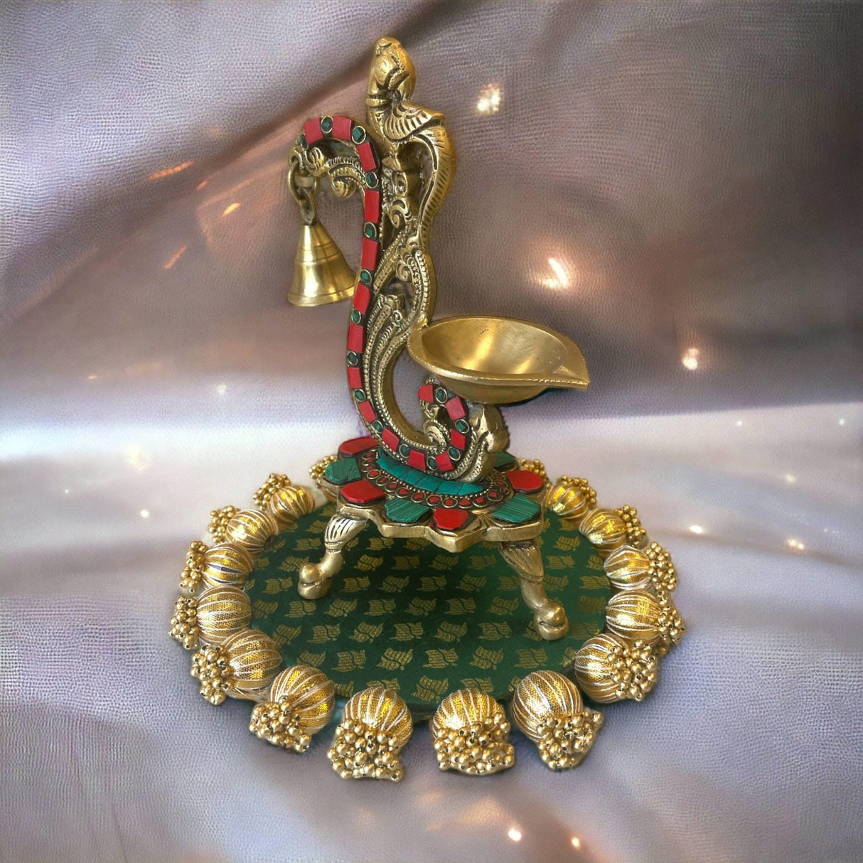 Reversible Patola Platter Brocade Fabric Handmade Centerpiece Mat-Floor Rangoli Diwali Housewarming Gift Home Temple Table Decor Mehendi Thaal Decor Puja Thali - Asan for God Goddess - LoveNspire