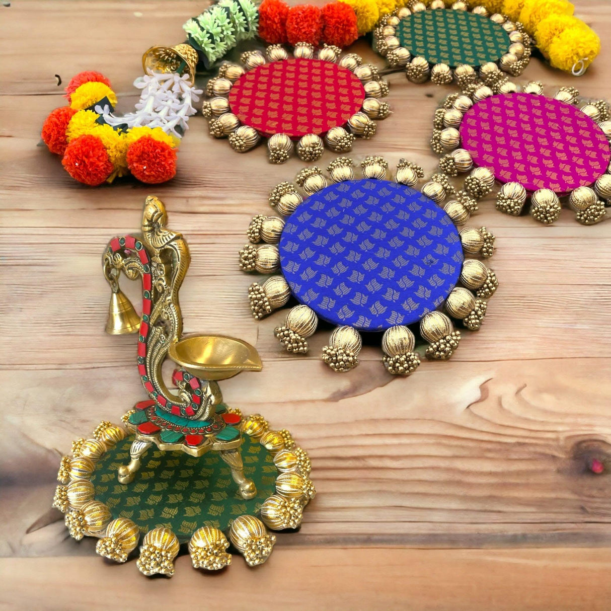 Reversible Patola Platter Brocade Fabric Handmade Centerpiece Mat-Floor Rangoli Diwali Housewarming Gift Home Temple Table Decor Mehendi Thaal Decor Puja Thali - Asan for God Goddess - LoveNspire