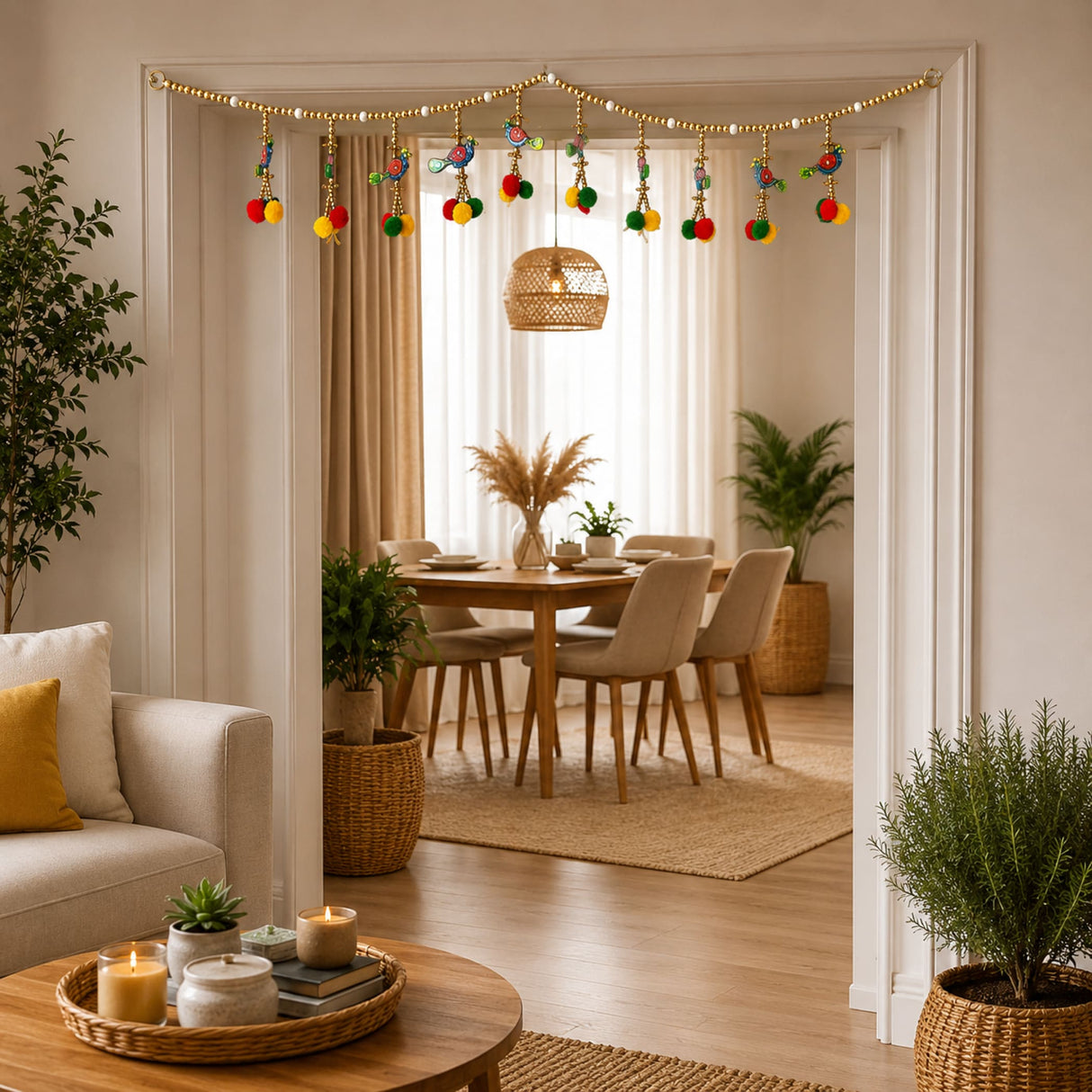 Peacock bead door toran with golden beads and colorful pompom ornaments hanging across a doorway for festive decor