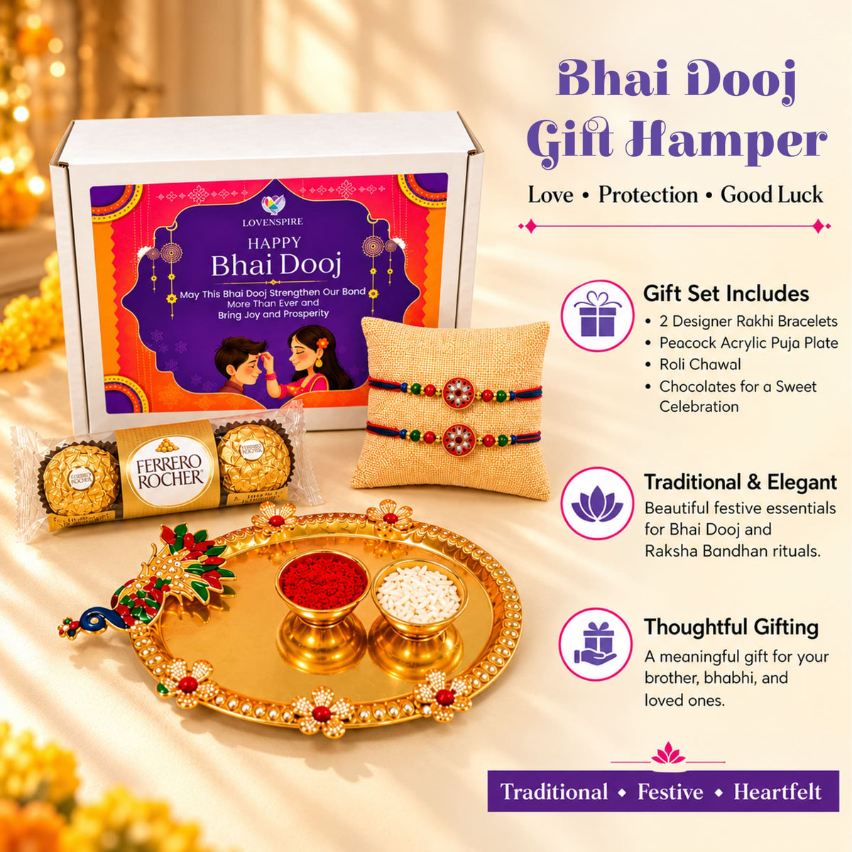 Golden ornate decorative puja plate with red and white powders in jeweled bowls in peacock bhai dooj gift hamper set