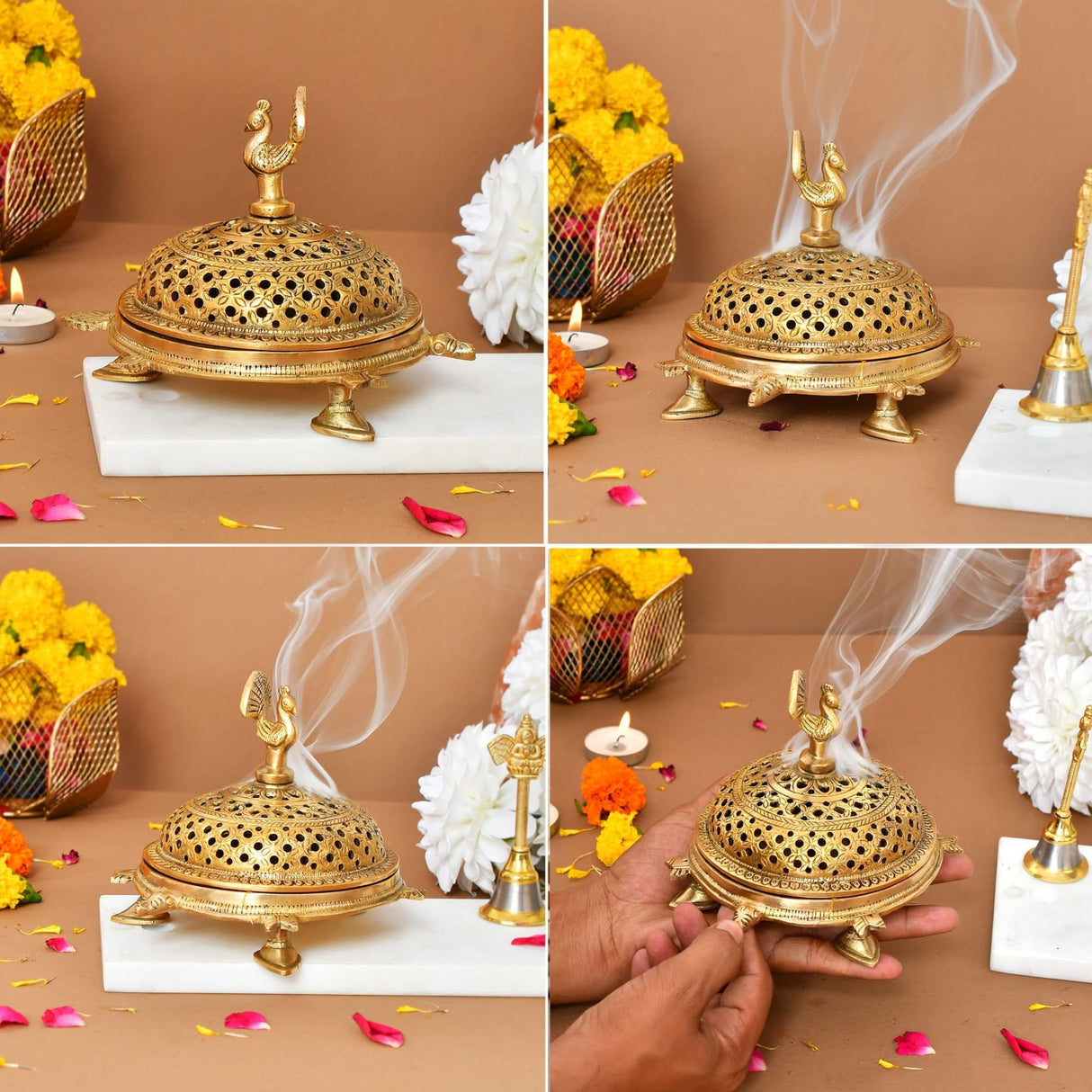 Brass Peacock Incense Dhoop Burner Aroma for Prayer Puja Meditation Spiritual Events Dhoopam for Havan Rituals - Diwali Decoration Loban Dhoop Dani for Temple Home Office (4.7x5.1 Inches) - LoveNspire