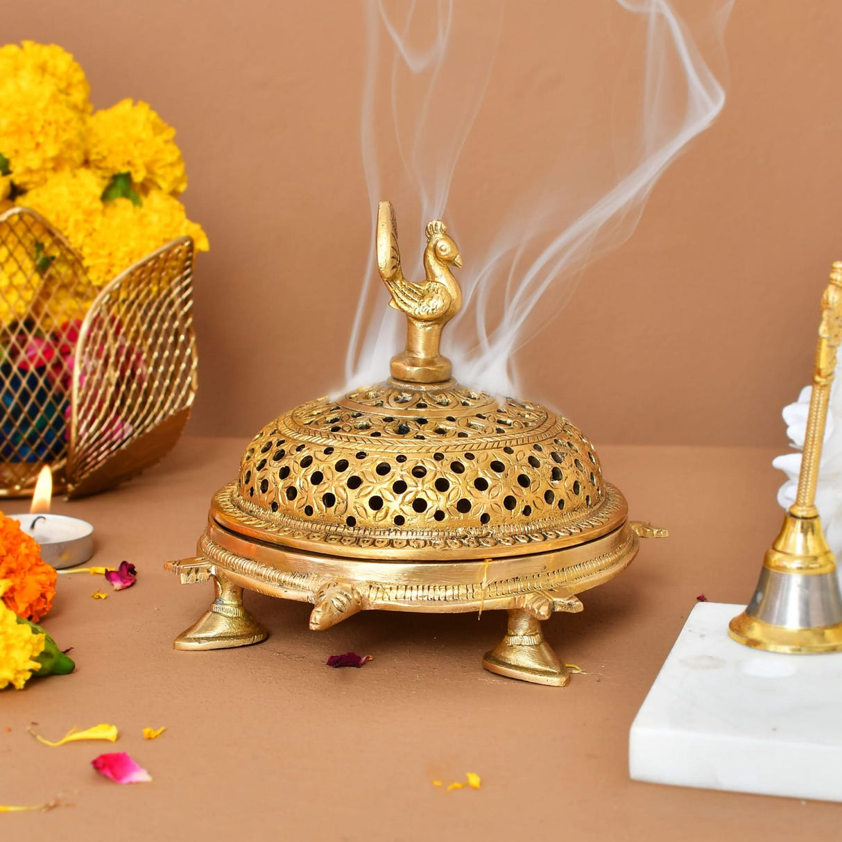 Brass Peacock Incense Dhoop Burner Aroma for Prayer Puja Meditation Spiritual Events Dhoopam for Havan Rituals - Diwali Decoration Loban Dhoop Dani for Temple Home Office (4.7x5.1 Inches) - LoveNspire
