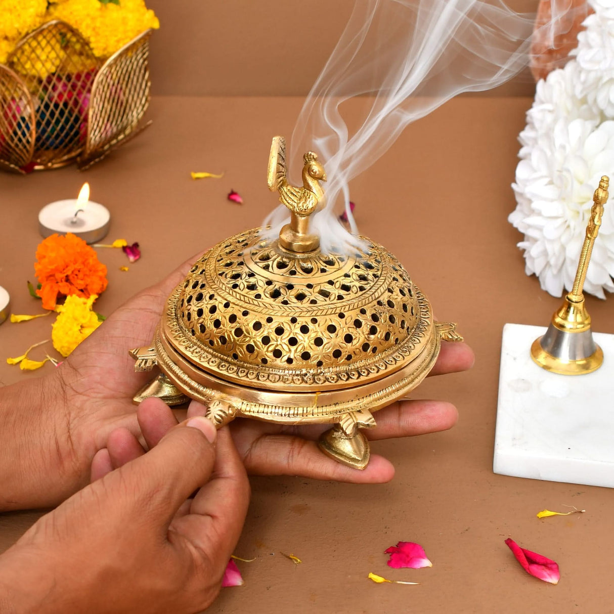 Brass Peacock Incense Dhoop Burner Aroma for Prayer Puja Meditation Spiritual Events Dhoopam for Havan Rituals - Diwali Decoration Loban Dhoop Dani for Temple Home Office (4.7x5.1 Inches) - LoveNspire