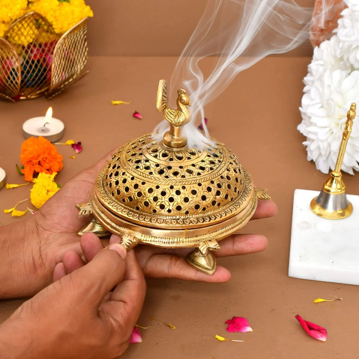 Brass Peacock Incense Dhoop Burner Aroma for Prayer Puja Meditation Spiritual Events Dhoopam for Havan Rituals - Diwali Decoration Loban Dhoop Dani for Temple Home Office (4.7x5.1 Inches) - LoveNspire