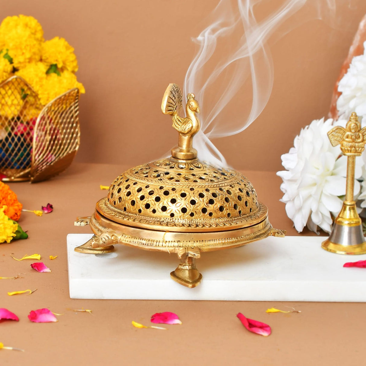 Brass Peacock Incense Dhoop Burner Aroma for Prayer Puja Meditation Spiritual Events Dhoopam for Havan Rituals - Diwali Decoration Loban Dhoop Dani for Temple Home Office (4.7x5.1 Inches) - LoveNspire