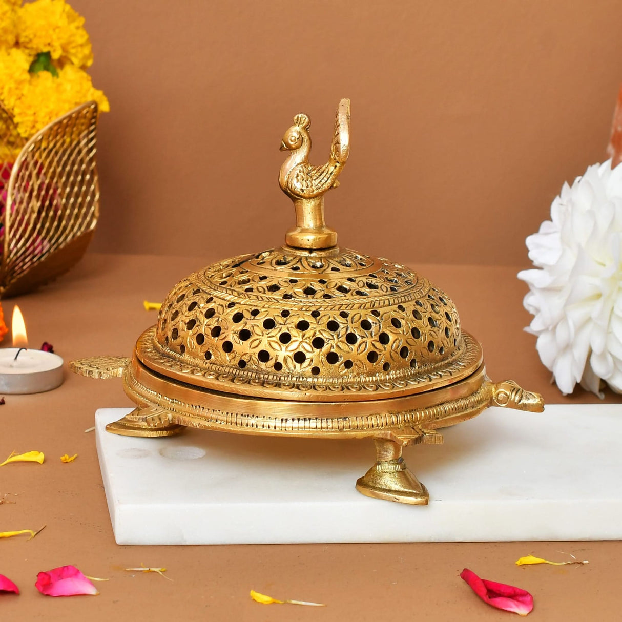 Brass Peacock Incense Dhoop Burner Aroma for Prayer Puja Meditation Spiritual Events Dhoopam for Havan Rituals - Diwali Decoration Loban Dhoop Dani for Temple Home Office (4.7x5.1 Inches) - LoveNspire