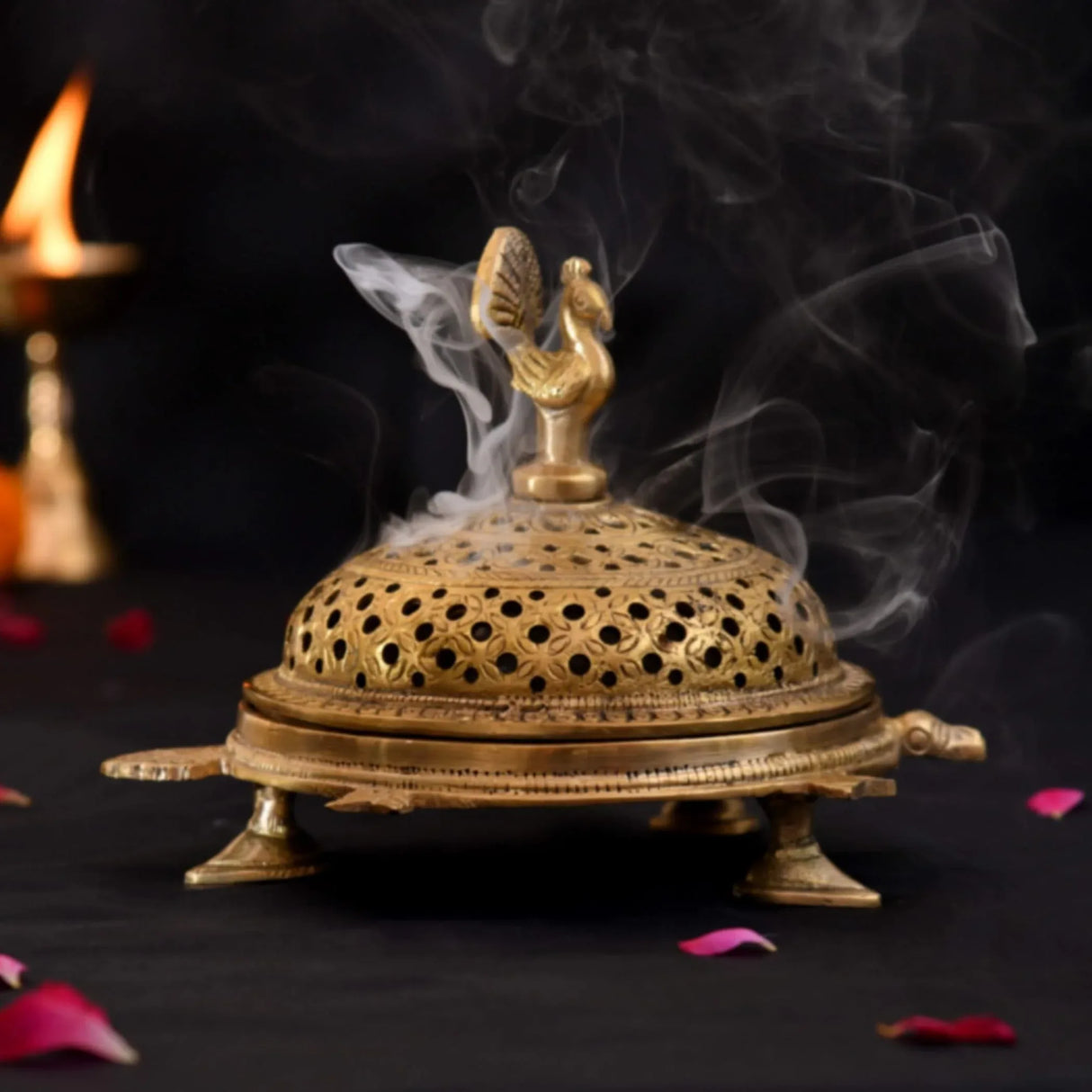 Brass Peacock Incense Dhoop Burner Aroma for Prayer Puja Meditation Spiritual Events Dhoopam for Havan Rituals - Diwali Decoration Loban Dhoop Dani for Temple Home Office (4.7x5.1 Inches) - LoveNspire