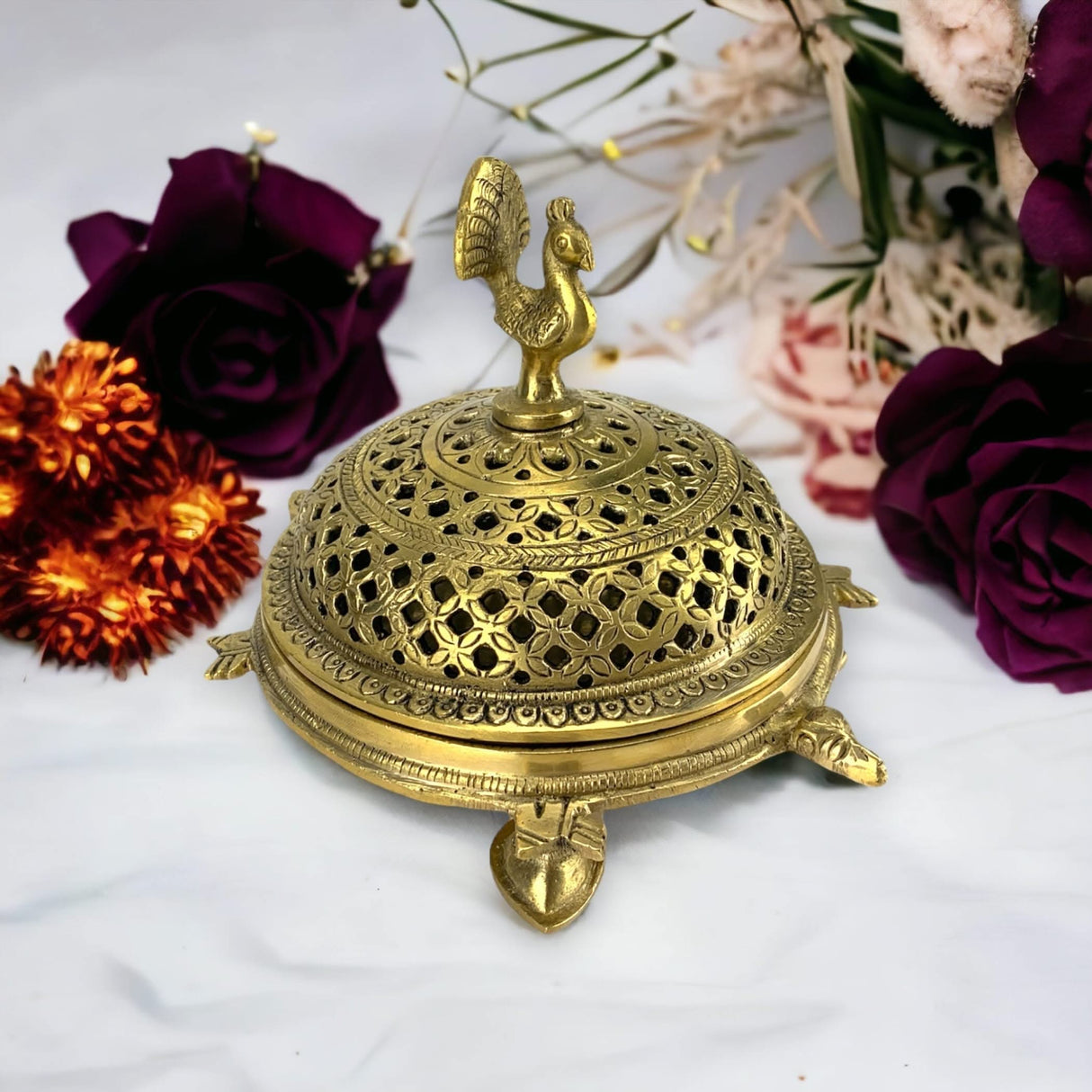 Brass Peacock Incense Dhoop Burner Aroma for Prayer Puja Meditation Spiritual Events Dhoopam for Havan Rituals - Diwali Decoration Loban Dhoop Dani for Temple Home Office (4.7x5.1 Inches) - LoveNspire