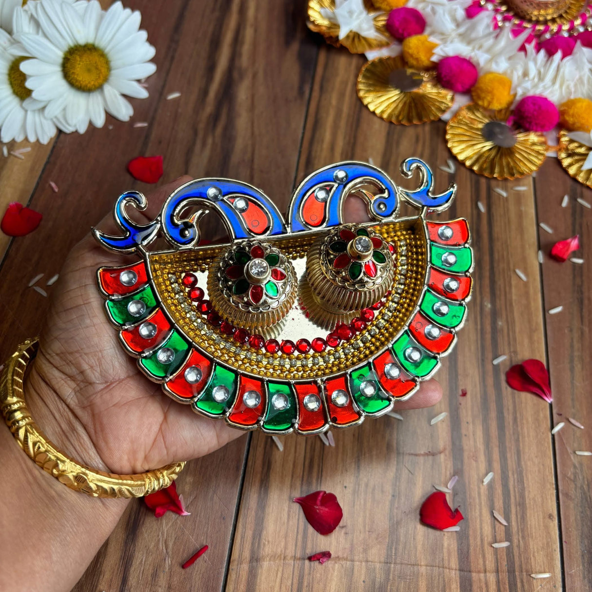 Peacock Bulk Haldi Kumkum Thali Holder Decorative Roli Chawal Holder Indian Festival Rakhi Pooja Thali Diwali Puja Tika Platter Wedding Favor Housewarming Gifts - LoveNspire