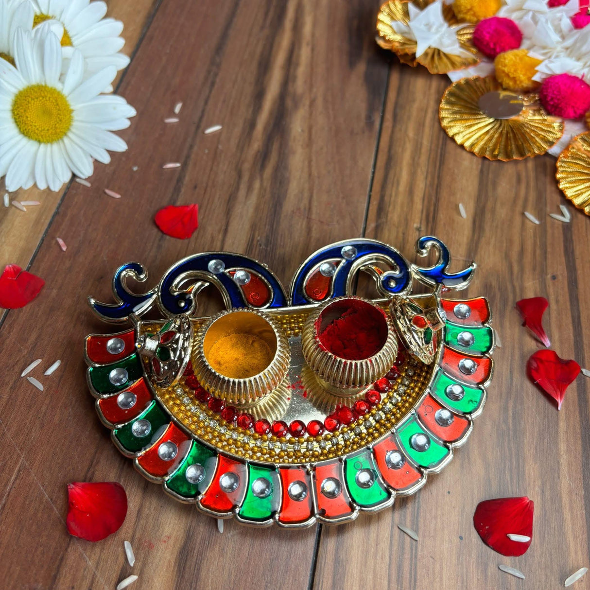 Peacock Bulk Haldi Kumkum Thali Holder Decorative Roli Chawal Holder Indian Festival Rakhi Pooja Thali Diwali Puja Tika Platter Wedding Favor Housewarming Gifts - LoveNspire