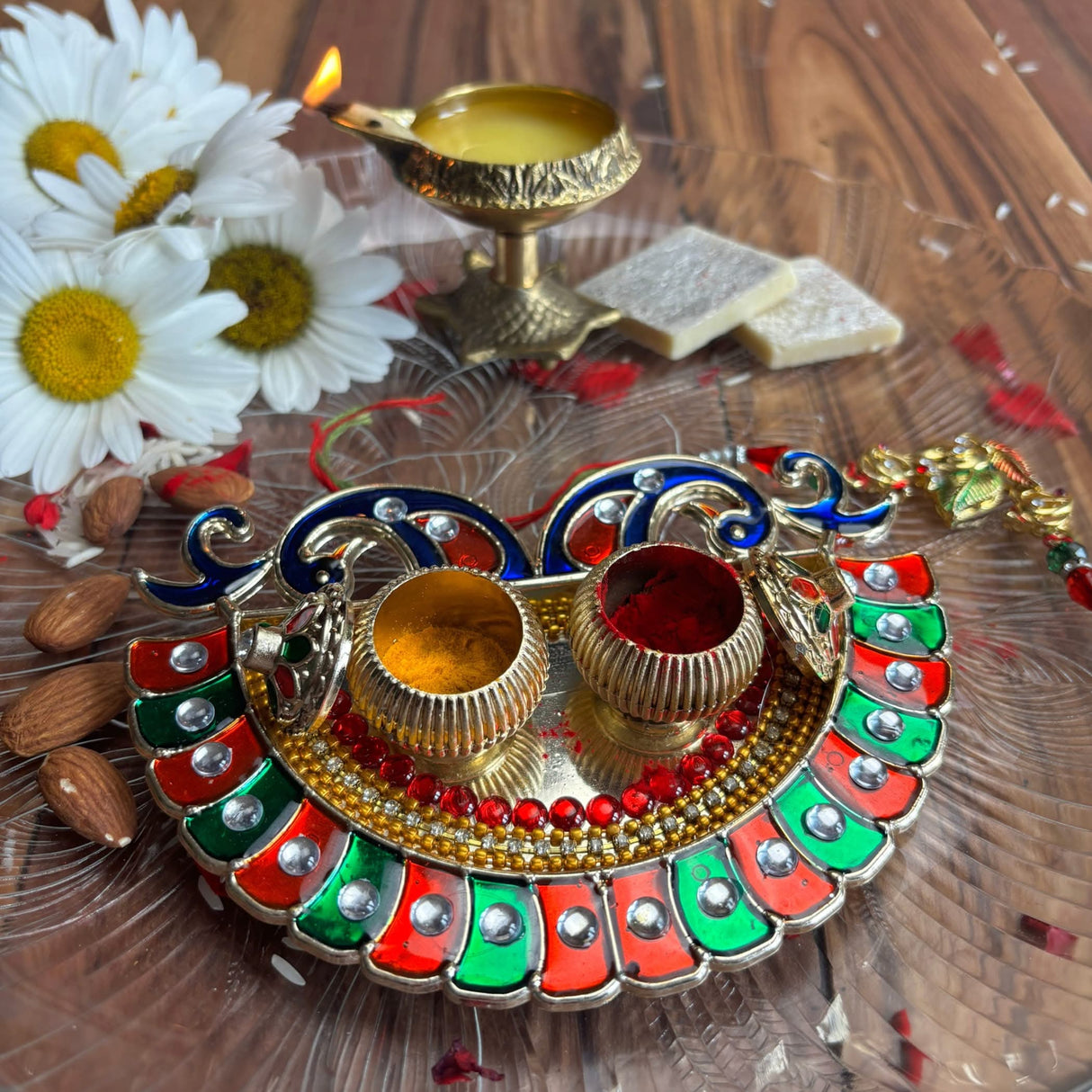 Peacock Bulk Haldi Kumkum Thali Holder Decorative Roli Chawal Holder Indian Festival Rakhi Pooja Thali Diwali Puja Tika Platter Wedding Favor Housewarming Gifts - LoveNspire