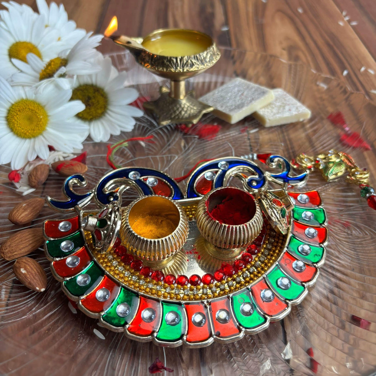 Peacock Bulk Haldi Kumkum Thali Holder Decorative Roli Chawal Holder Indian Festival Rakhi Pooja Thali Diwali Puja Tika Platter Wedding Favor Housewarming Gifts - LoveNspire