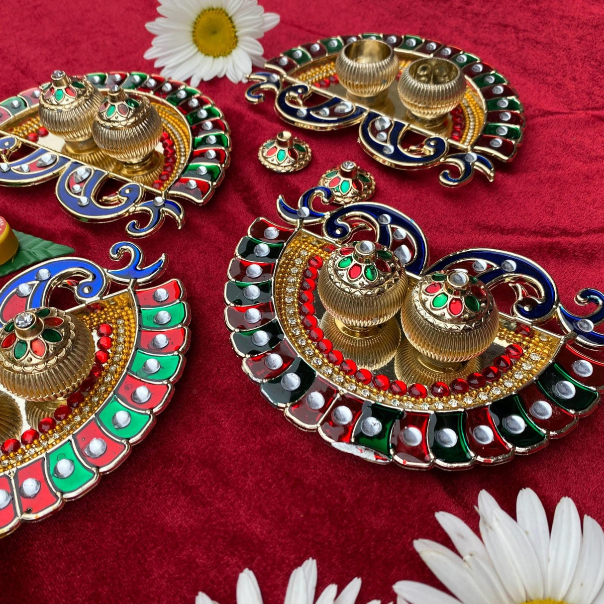 Peacock Bulk Haldi Kumkum Thali Holder Decorative Roli Chawal Holder Indian Festival Rakhi Pooja Thali Diwali Puja Tika Platter Wedding Favor Housewarming Gifts - LoveNspire