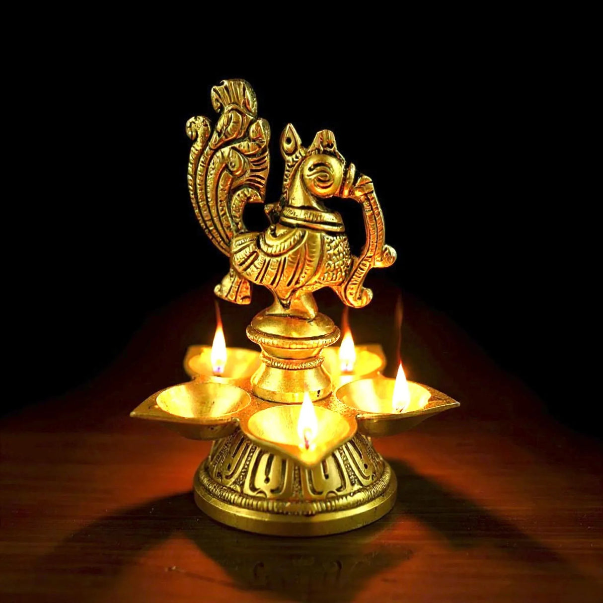 Peacock Deepam Brass Finish Diya Annam Deepak Samai Oil Lamp with Base Indian Festival Diwali Diya Hindu Puja Religious Home Decor Pooja Lamp Indian Housewarming Wedding Return Gift - LoveNspire