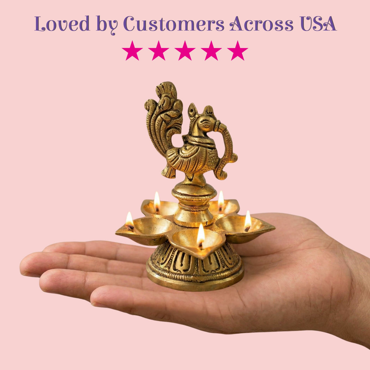Golden brass peacock-shaped diya with five lit oil lamps for diwali puja home decor and religious ceremonies