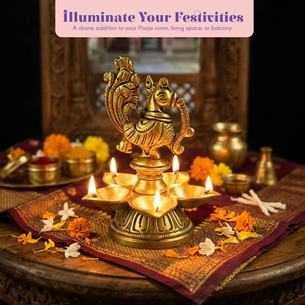 Golden brass peacock-shaped diya with five lit oil lamps for diwali puja home decor and festive occasions