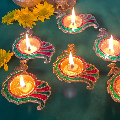Peacock Deepam Brass Finish Diya Pack of 2 Samai Deepak Oil Lamp Indian Festival Diwali Diya Hindu Puja Religious Home Decor Pooja Lamp Indian Housewarming Wedding - Corporate Return Gift - LoveNspire