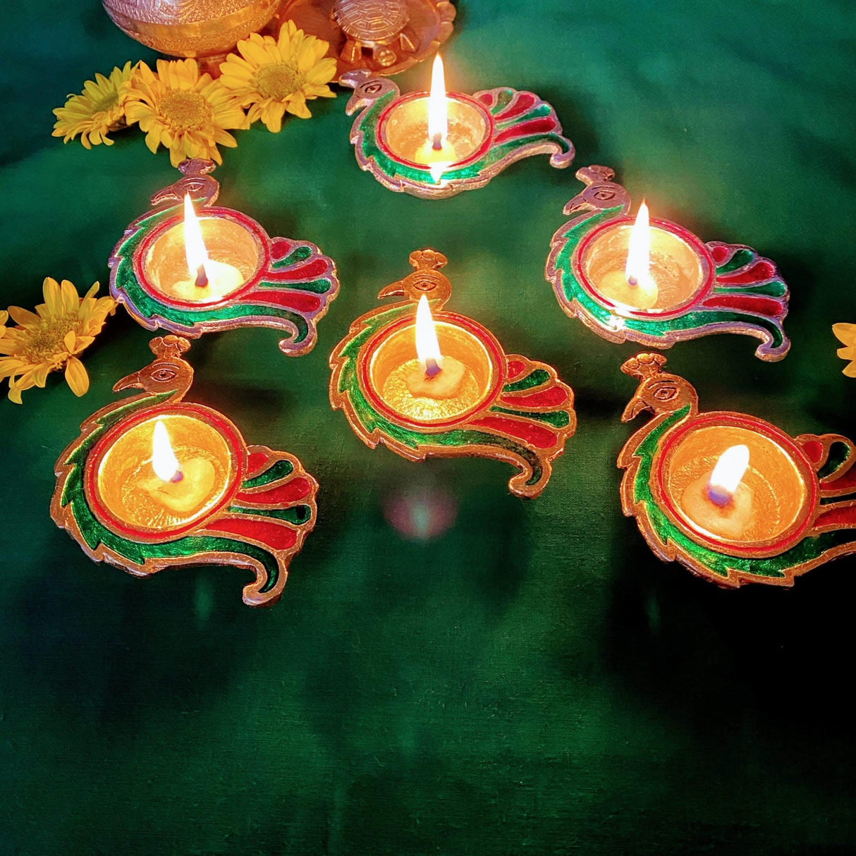Peacock Deepam Brass Finish Diya Pack of 2 Samai Deepak Oil Lamp Indian Festival Diwali Diya Hindu Puja Religious Home Decor Pooja Lamp Indian Housewarming Wedding - Corporate Return Gift - LoveNspire