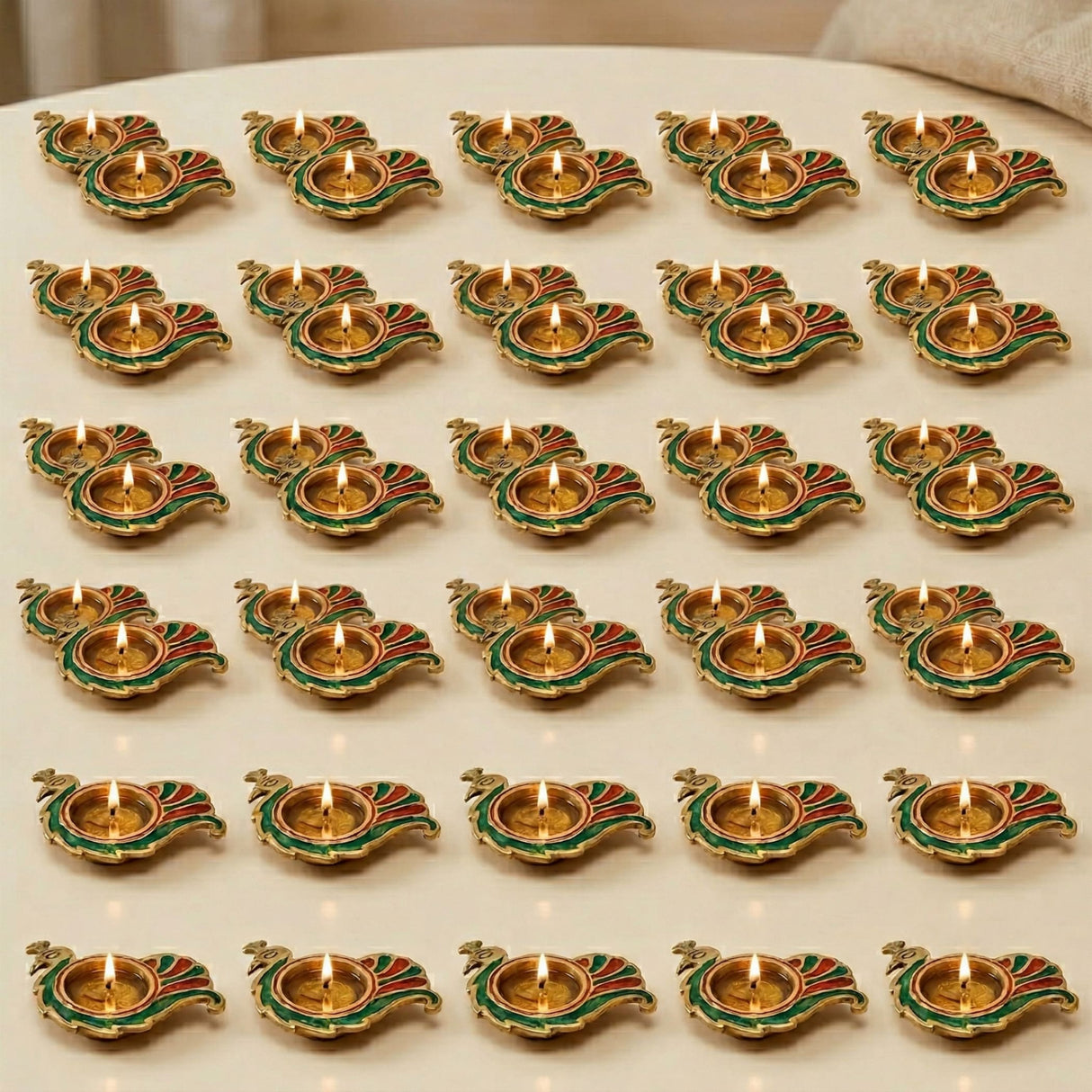 Gold-colored brass peacock diya lamp with green and red enamel accents for diwali puja home decor and gifting
