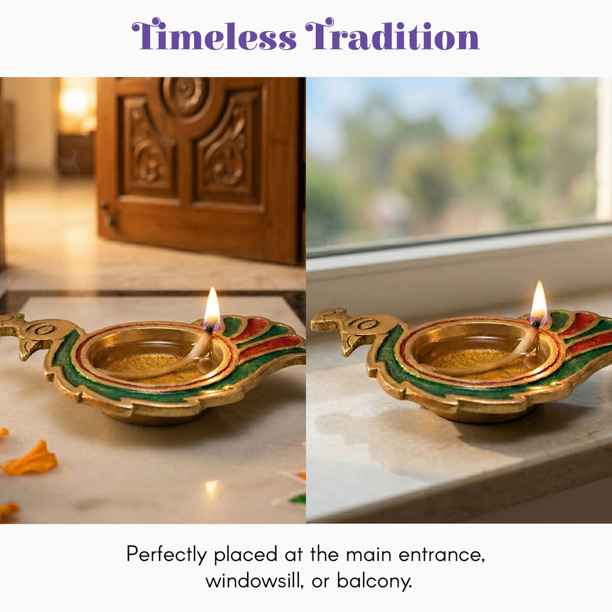 Golden brass peacock deepam diya with green and red enamel accents traditional design for diwali puja decor