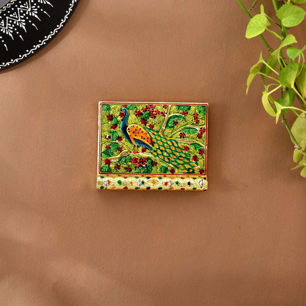 Handcrafted Peacock Design Metal Key Holder with 4 Hooks