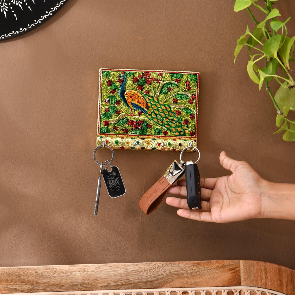 Peacock Design Frame Wall Key Holder for Wall Decorative, Hand Crafted Wall Hooks for Hanging Stylish Key Stand Home Office Decor Housewarming Gift Key Organizer with 4 Hooks (pack of 1) - LoveNspire