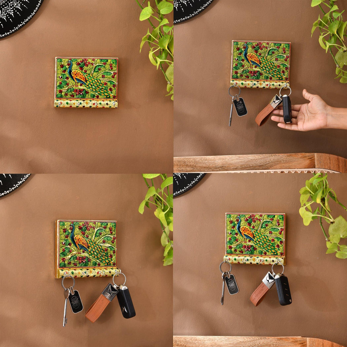 Peacock Design Frame Wall Key Holder for Wall Decorative, Hand Crafted Wall Hooks for Hanging Stylish Key Stand Home Office Decor Housewarming Gift Key Organizer with 4 Hooks (pack of 1) - LoveNspire