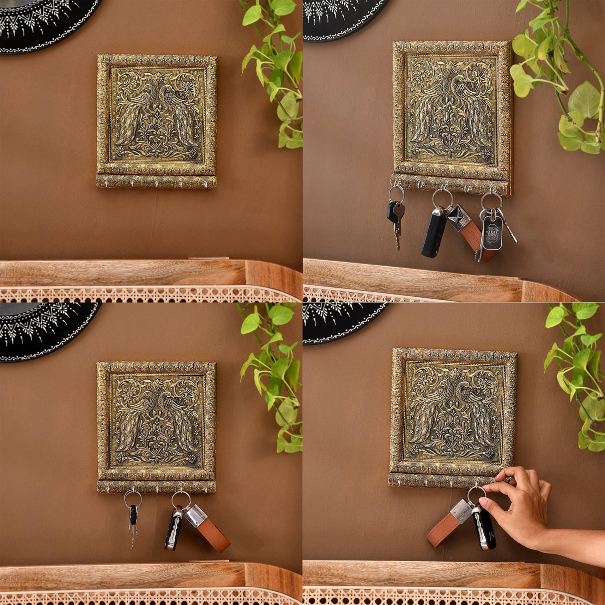 Peacock Design Frame Wall Key Holder for Wall Decorative, Hand Crafted Wall Hooks for Hanging Stylish Key Stand Home Office Decor Housewarming Gift 5 Hooks (pack of 1) - LoveNspire