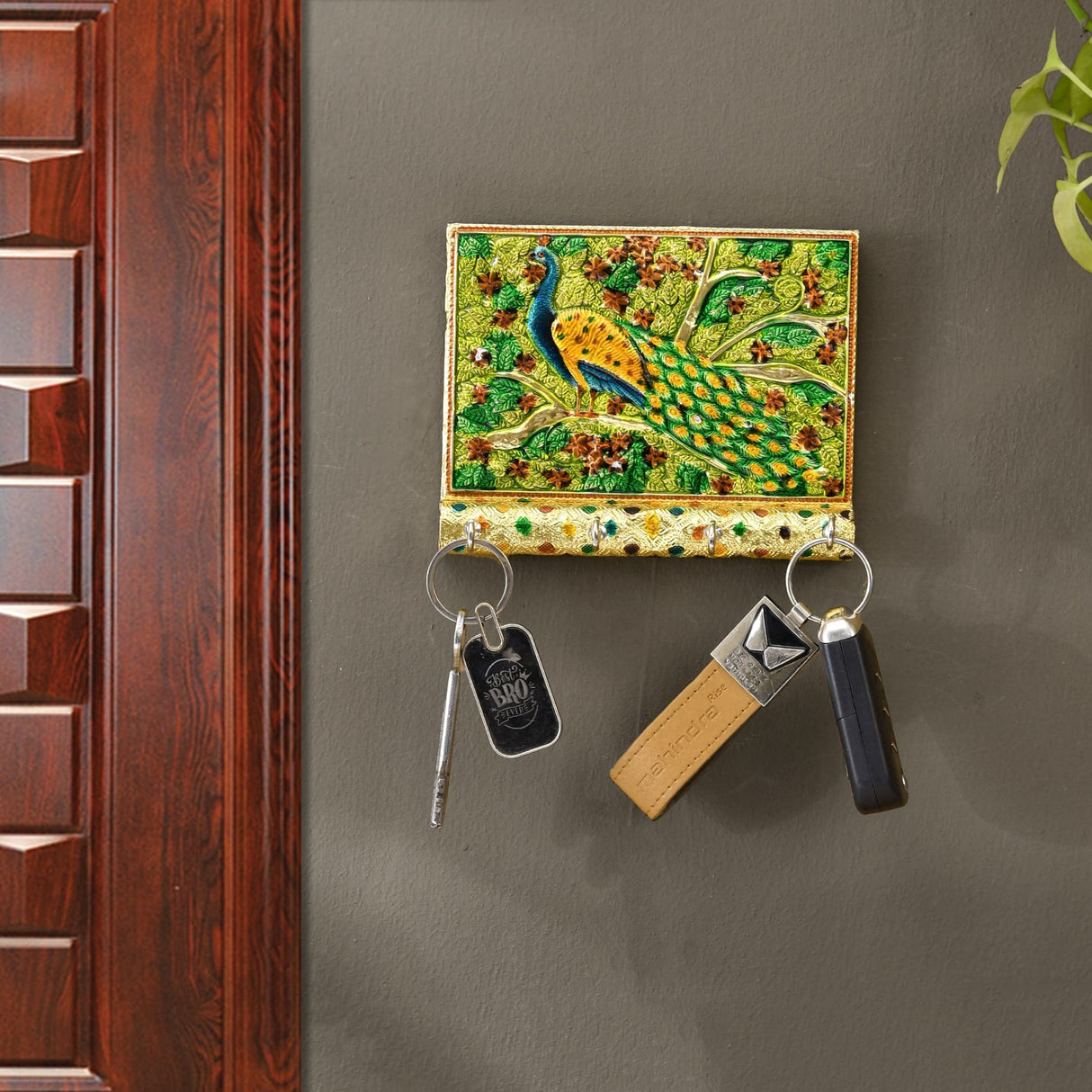 Handcrafted peacock design wooden frame wall key holder with 4 hooks