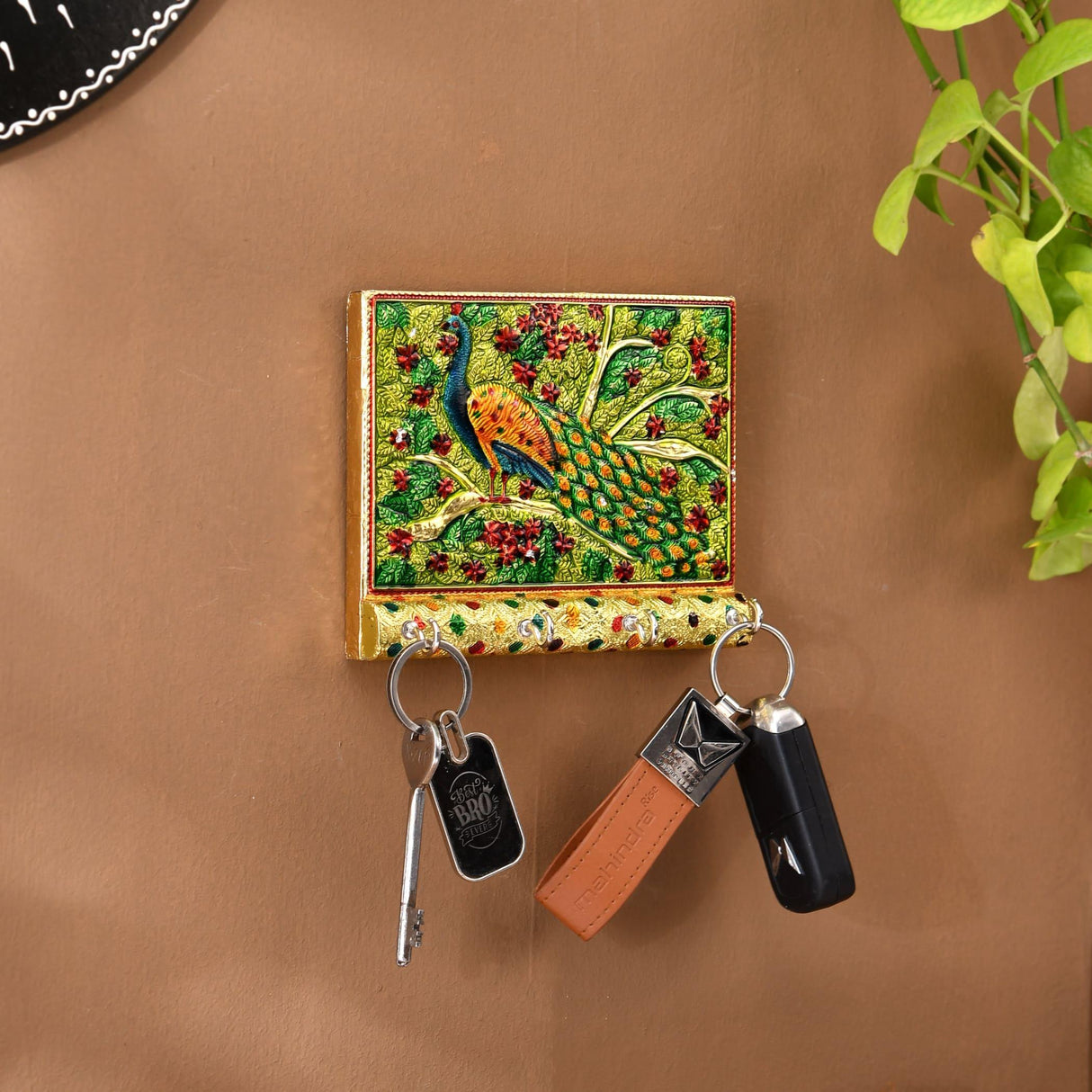 Peacock Design Frame Wall Key Holder for Wall Decorative, Hand Crafted Wall Hooks for Hanging Stylish Key Stand Home Office Decor Housewarming Gift Key Organizer with 4 Hooks (pack of 1) - LoveNspire