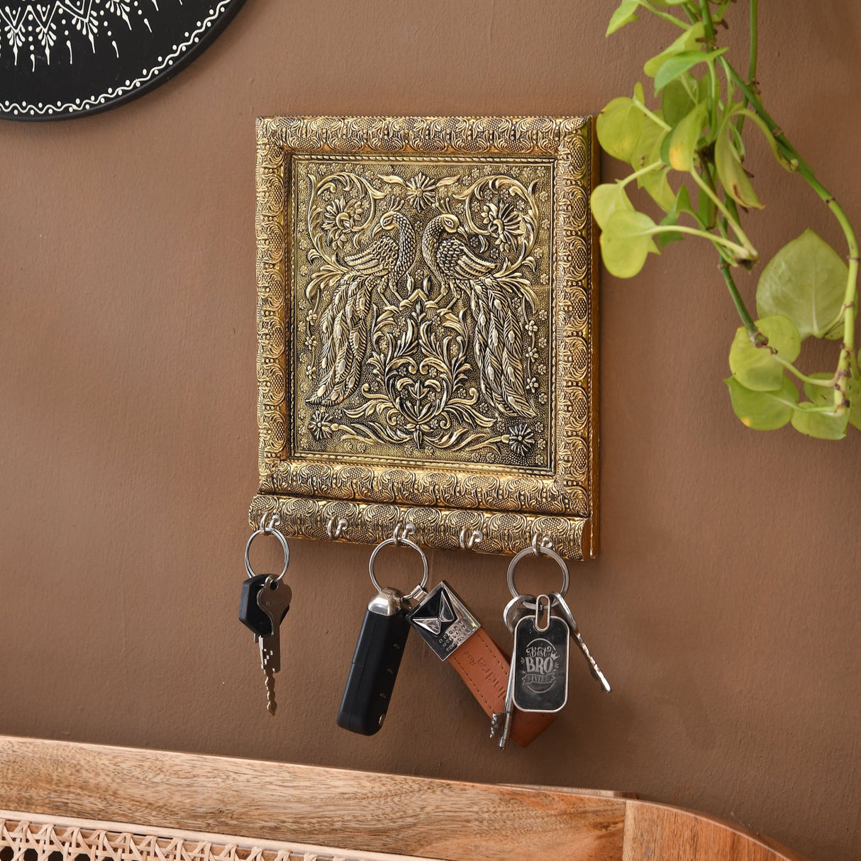 Handcrafted Peacock Design Brass Wall Key Holder with 5 Hooks