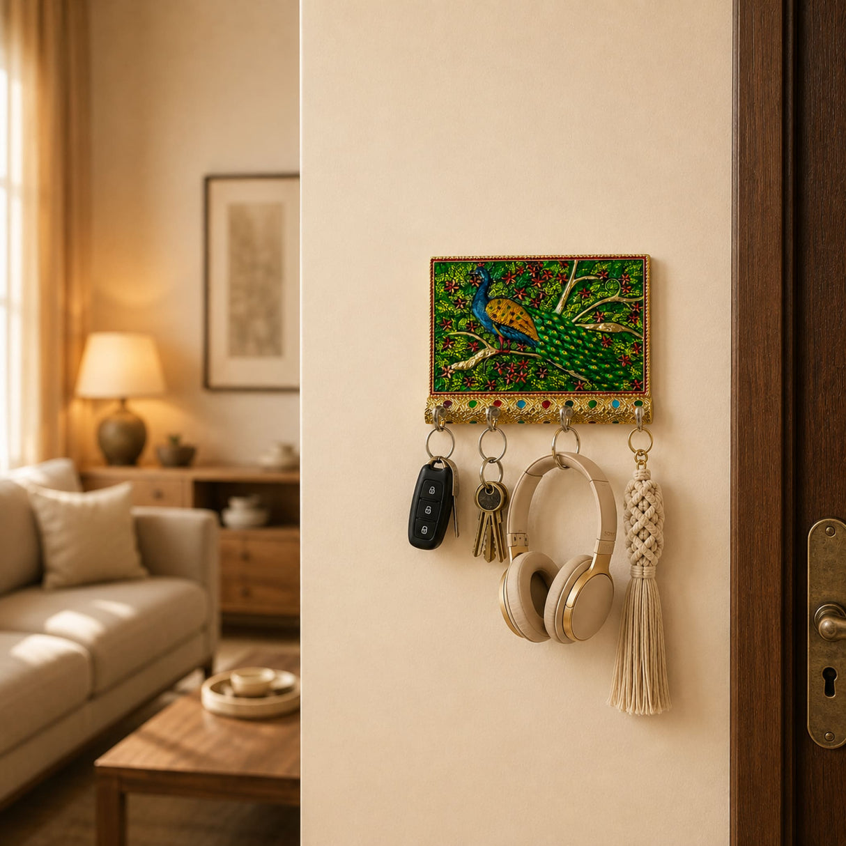 Peacock decorative wood key holder with gold trim green background hand crafted wall mount with 4 hook organizer