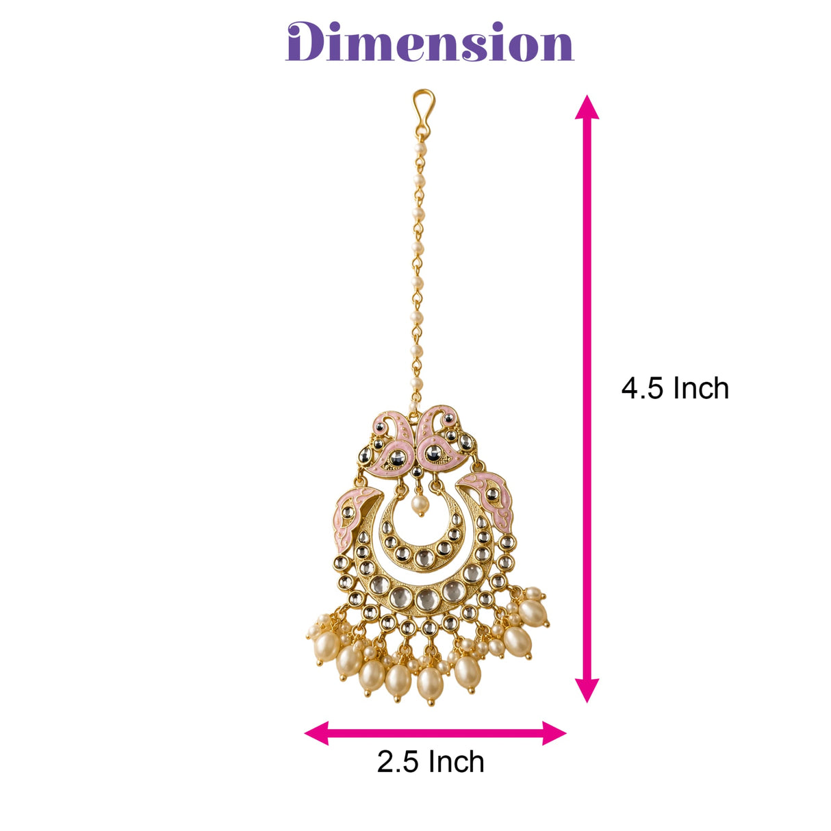 Peacock maang tikka gold-plated jhumka style hair ornament with pink enamel silver beads and pearl drops for weddings