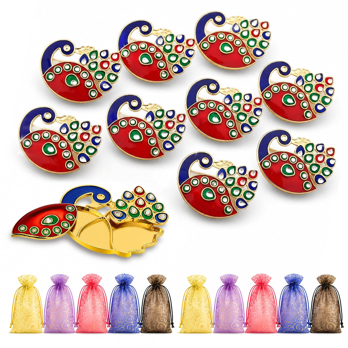 Decorative peacock haldi kumkum holder enamel pins in red and blue with green accents for pooja thali and wedding gifts