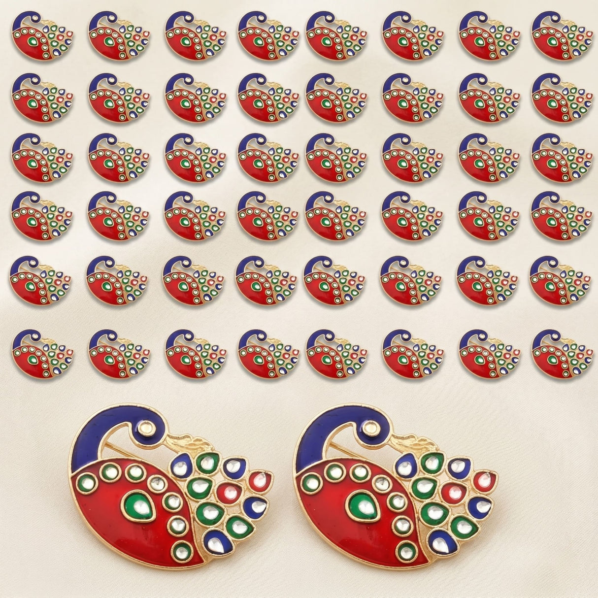 Decorative bulk peacock haldi kumkum holder with red and blue enamel brooches featuring green white and gold accents