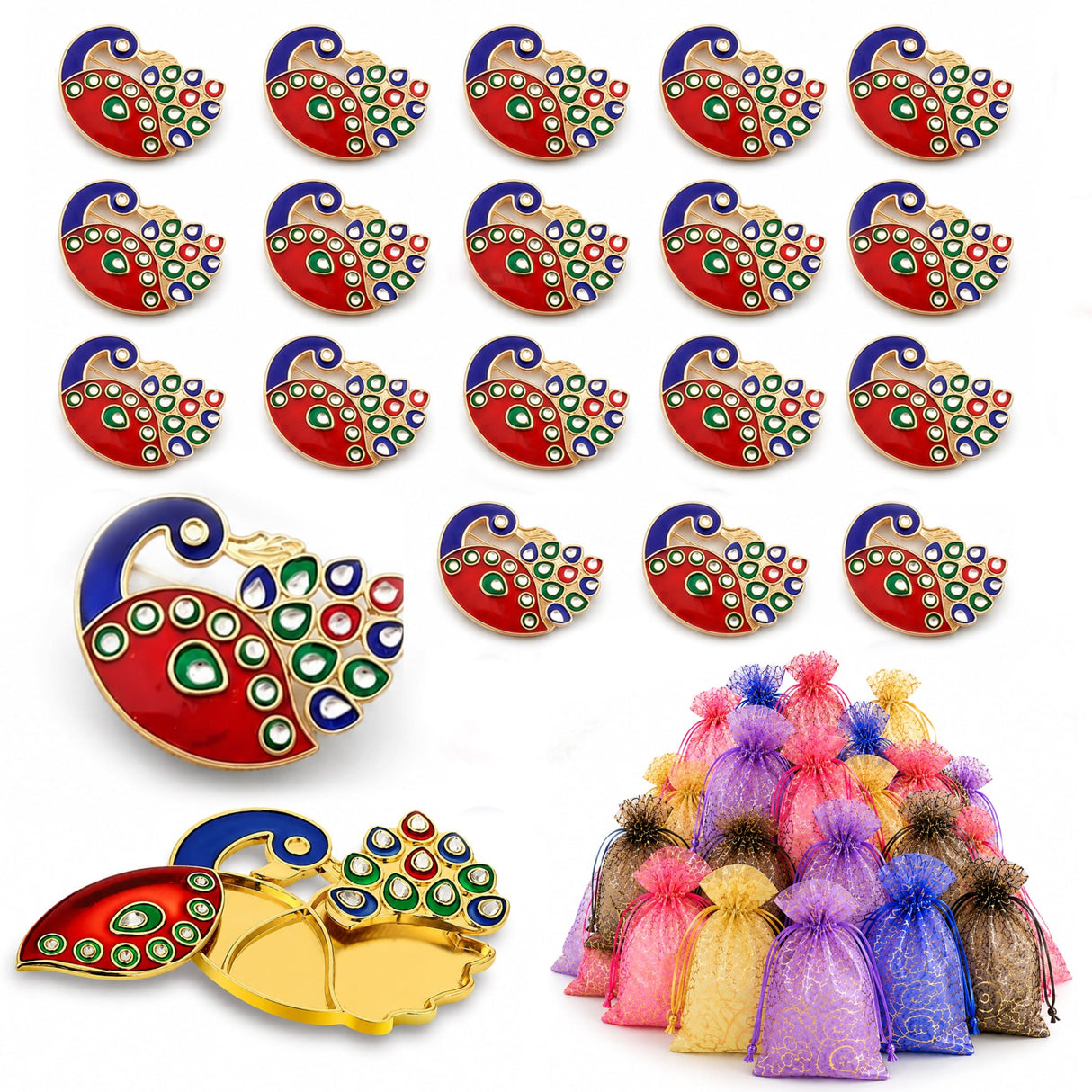 Decorative peacock haldi kumkum holder enamel pins in vibrant red and blue with green white and gold accents for pooja and gifts