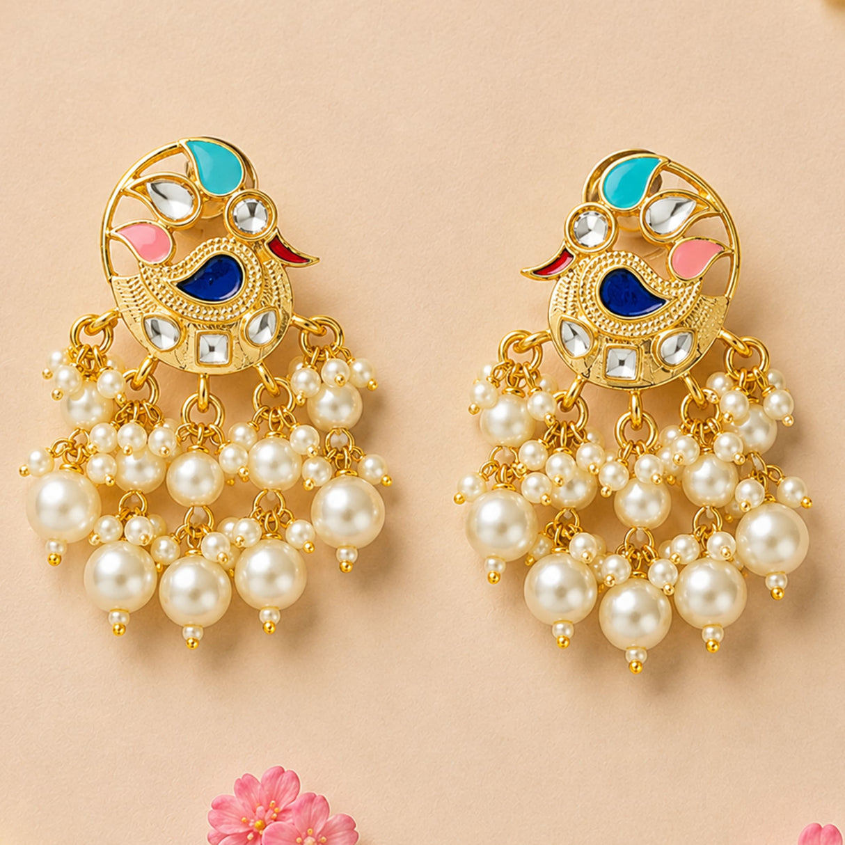 Indian peacock chandbali gold tone earrings with turquoise pink enamel clear crystals and cascading faux pearls for weddings and ethnic wear