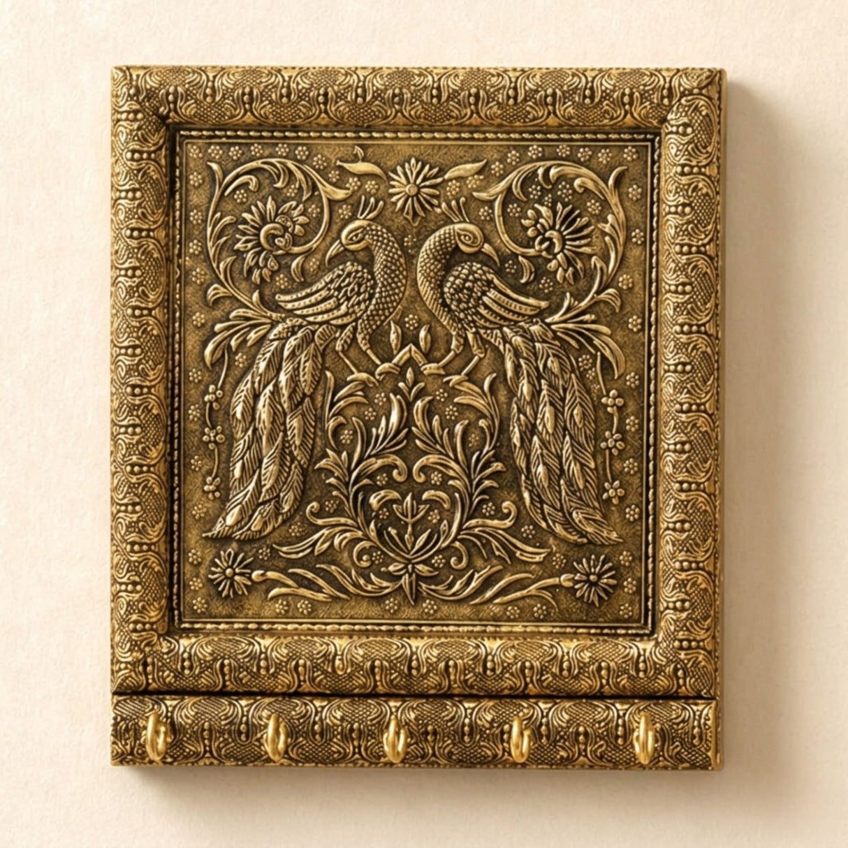Decorative peacock design wall key holder with five hooks in golden handcrafted wood and aluminum for home decor