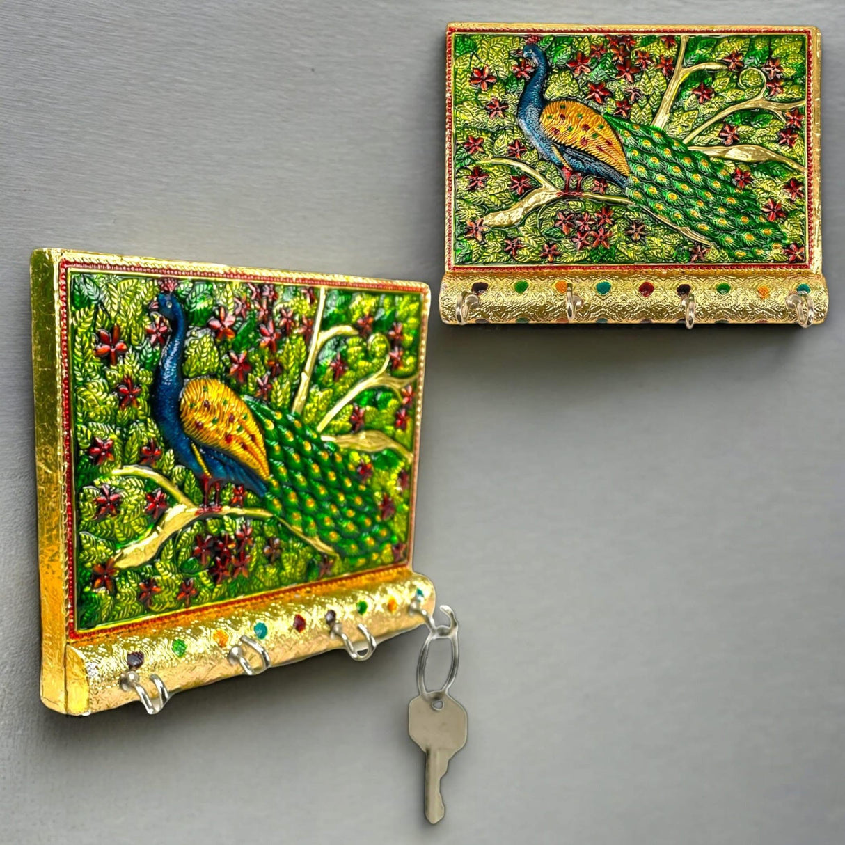 Peacock Design Frame Wall Key Holder for Wall Decorative, Hand Crafted Wall Hooks for Hanging Stylish Key Stand Home Office Decor Housewarming Gift Key Organizer with 4 Hooks (pack of 1) - LoveNspire
