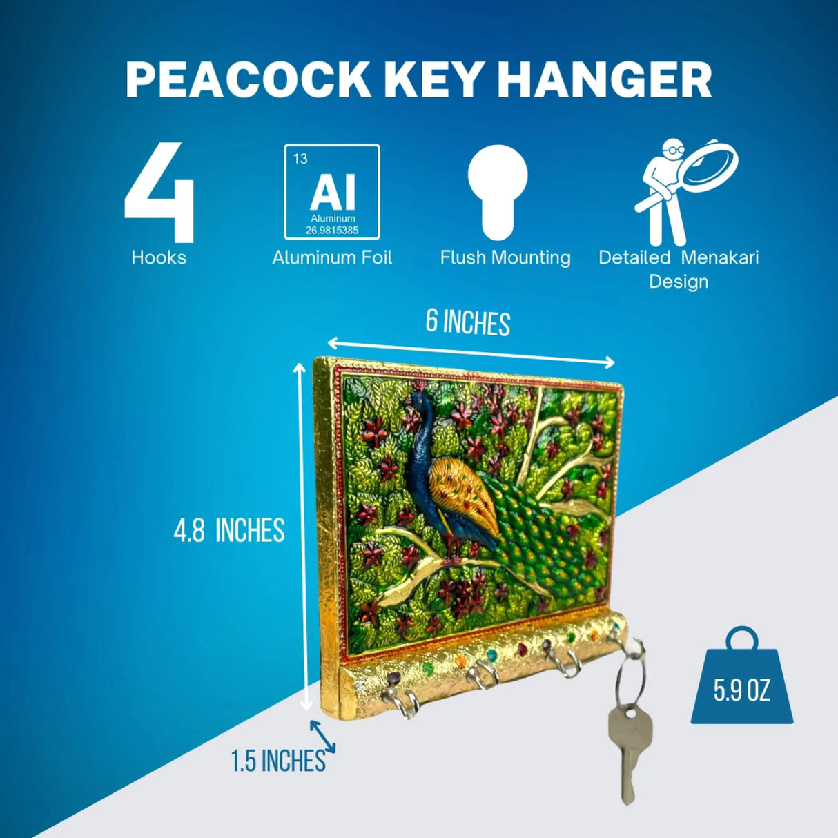 Peacock Design Frame Wall Key Holder for Wall Decorative, Hand Crafted Wall Hooks for Hanging Stylish Key Stand Home Office Decor Housewarming Gift Key Organizer with 4 Hooks (pack of 1) - LoveNspire