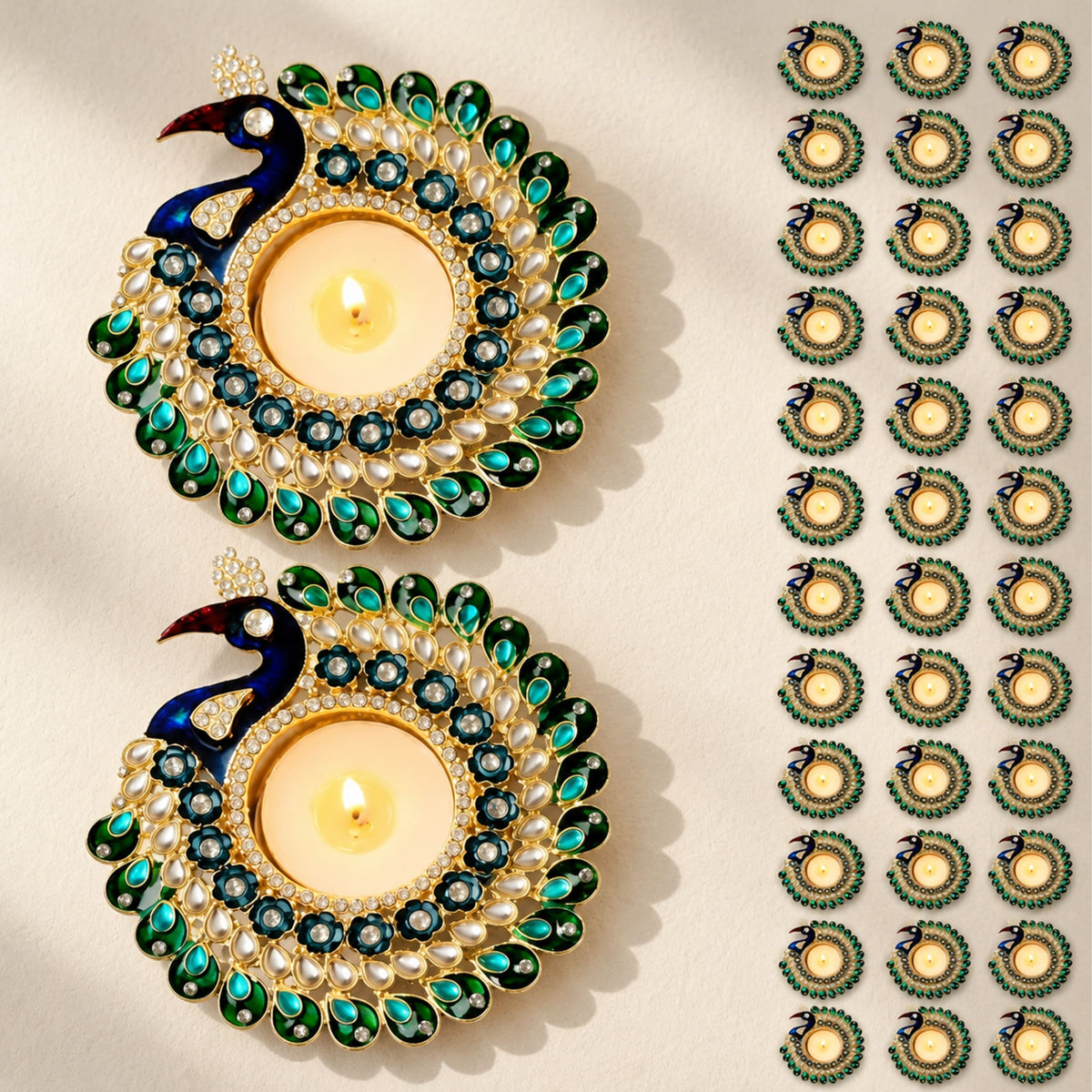 Peacock tealight candle holder in gold tone with emerald green and blue enamel feathers, pearls, and rhinestones for decor