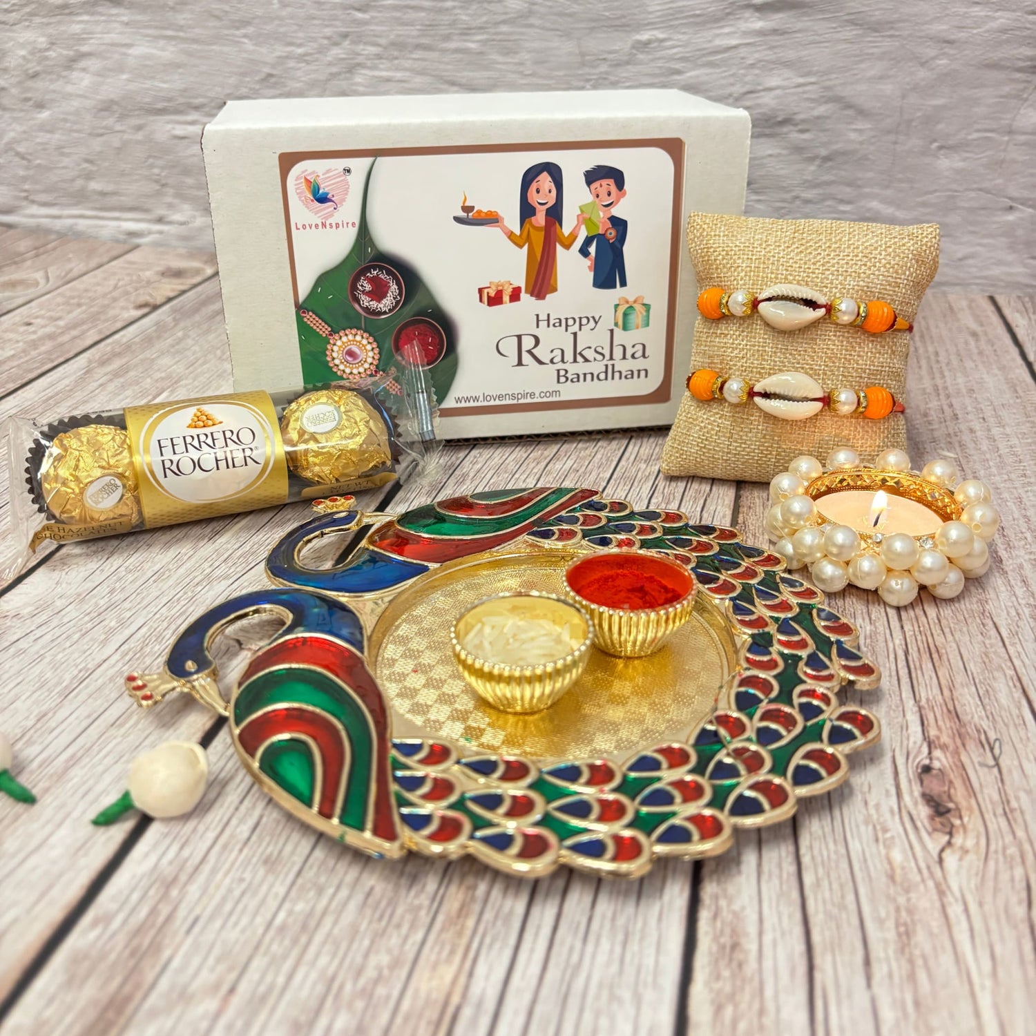 Peacock Rakhi Gift Hamper with Gift Box Set of 2 Rakhi with Traditional Puja Plate Roli Chawal Oil Diya - Raksha Bandhan Bracelet Rakhi for Brother Bhai Bhabhi Sister-In-Law - LoveNspire