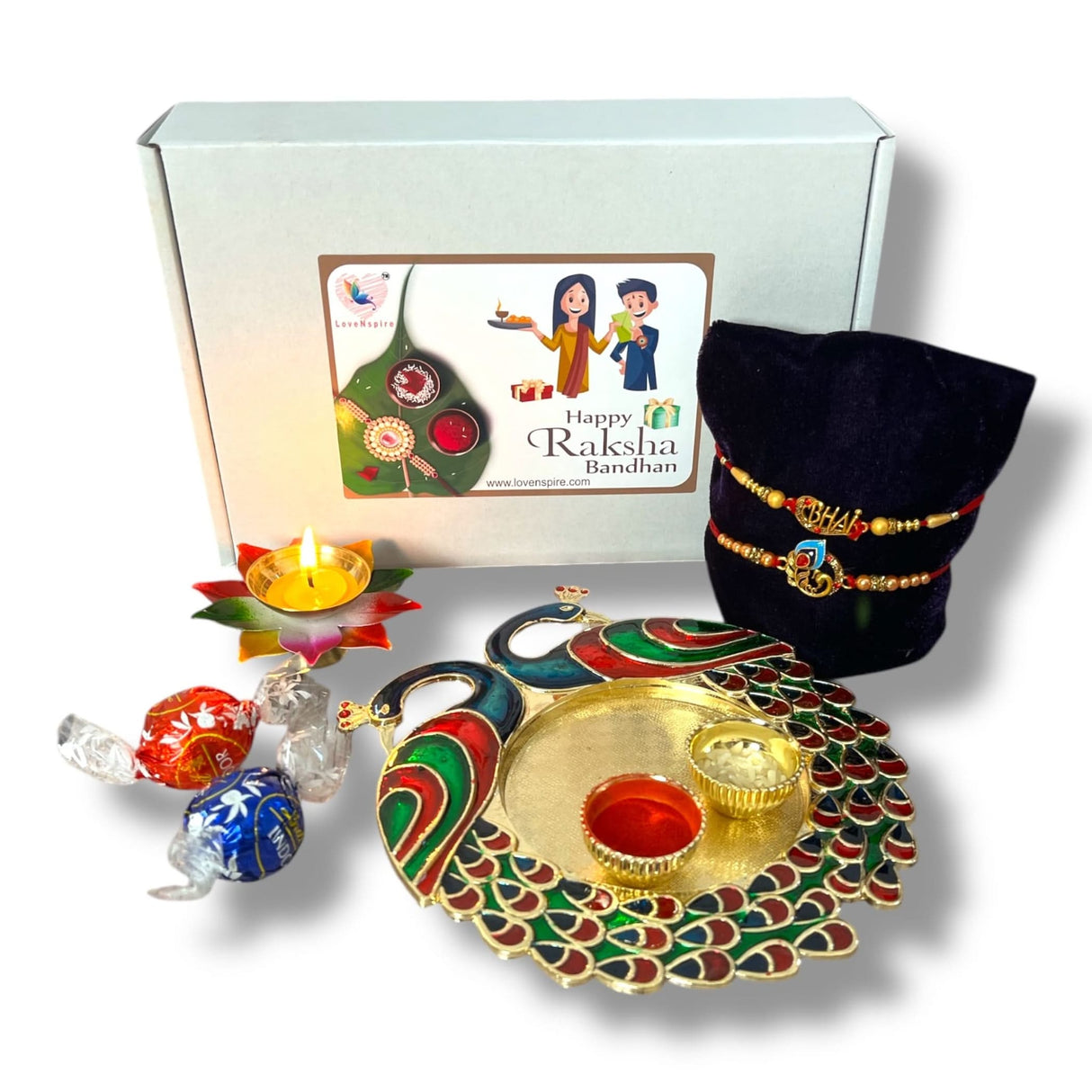 Peacock Rakhi Gift Hamper with Gift Box Set of 2 Rakhi with Traditional Puja Plate Roli Chawal Oil Diya - Raksha Bandhan Bracelet Rakhi for Brother Bhai Bhabhi Sister-In-Law - LoveNspire