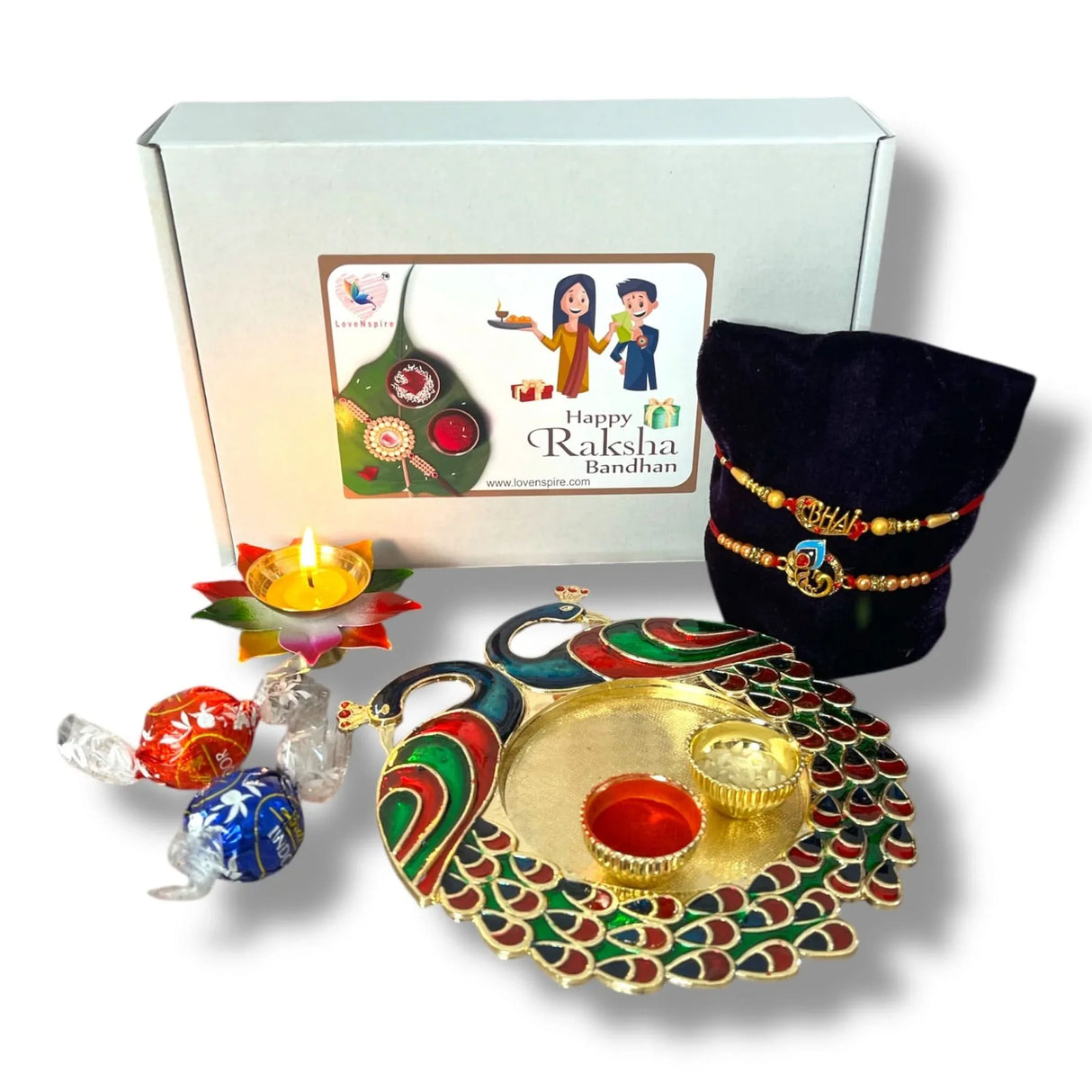 Peacock Rakhi Gift Hamper with Gift Box Set of 2 Rakhi with Traditional Puja Plate Roli Chawal Oil Diya - Raksha Bandhan Bracelet Rakhi for Brother Bhai Bhabhi Sister-In-Law - LoveNspire