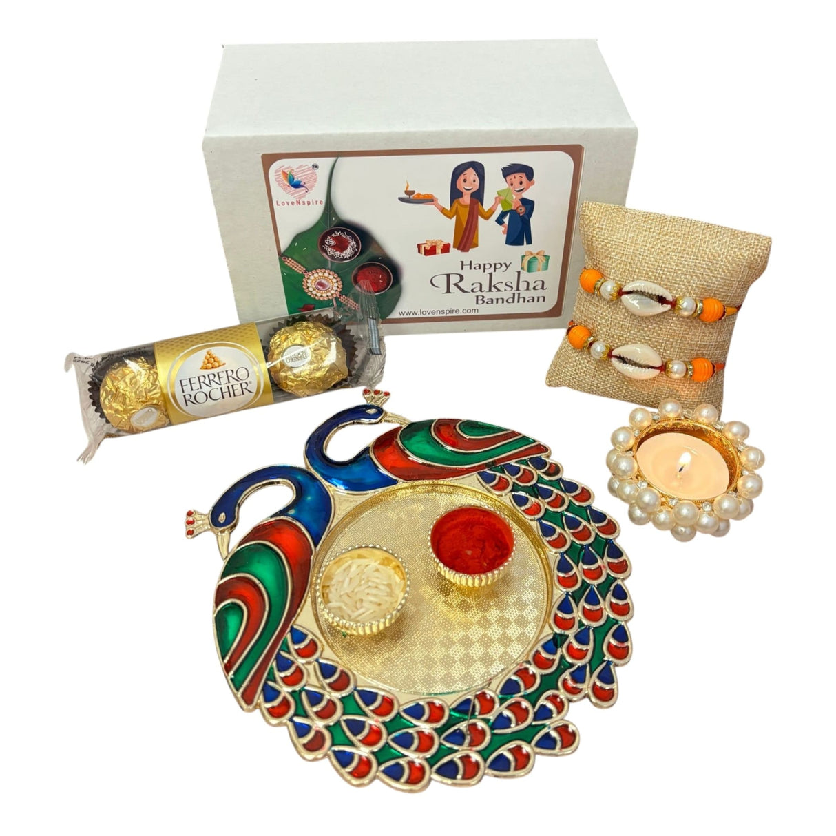 Peacock Rakhi Gift Hamper with Gift Box Set of 2 Rakhi with Traditional Puja Plate Roli Chawal Oil Diya - Raksha Bandhan Bracelet Rakhi for Brother Bhai Bhabhi Sister-In-Law - LoveNspire
