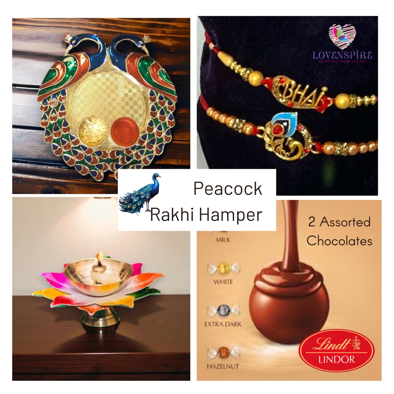 Peacock Rakhi Gift Hamper with Gift Box Set of 2 Rakhi with Traditional Puja Plate Roli Chawal Oil Diya - Raksha Bandhan Bracelet Rakhi for Brother Bhai Bhabhi Sister-In-Law - LoveNspire