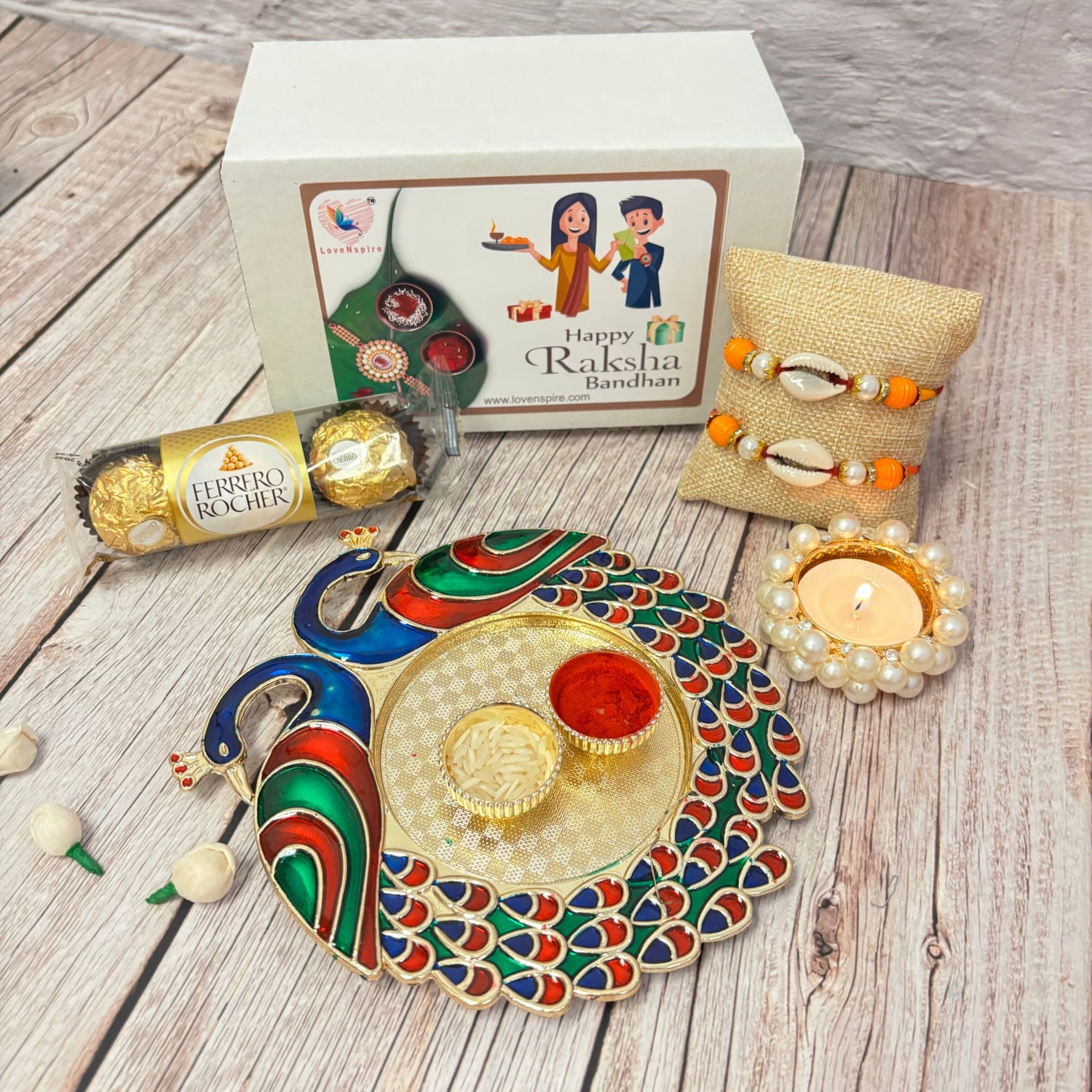 Peacock Rakhi Gift Hamper with Gift Box Set of 2 Rakhi with Traditional Puja Plate Roli Chawal Oil Diya - Raksha Bandhan Bracelet Rakhi for Brother Bhai Bhabhi Sister-In-Law - LoveNspire