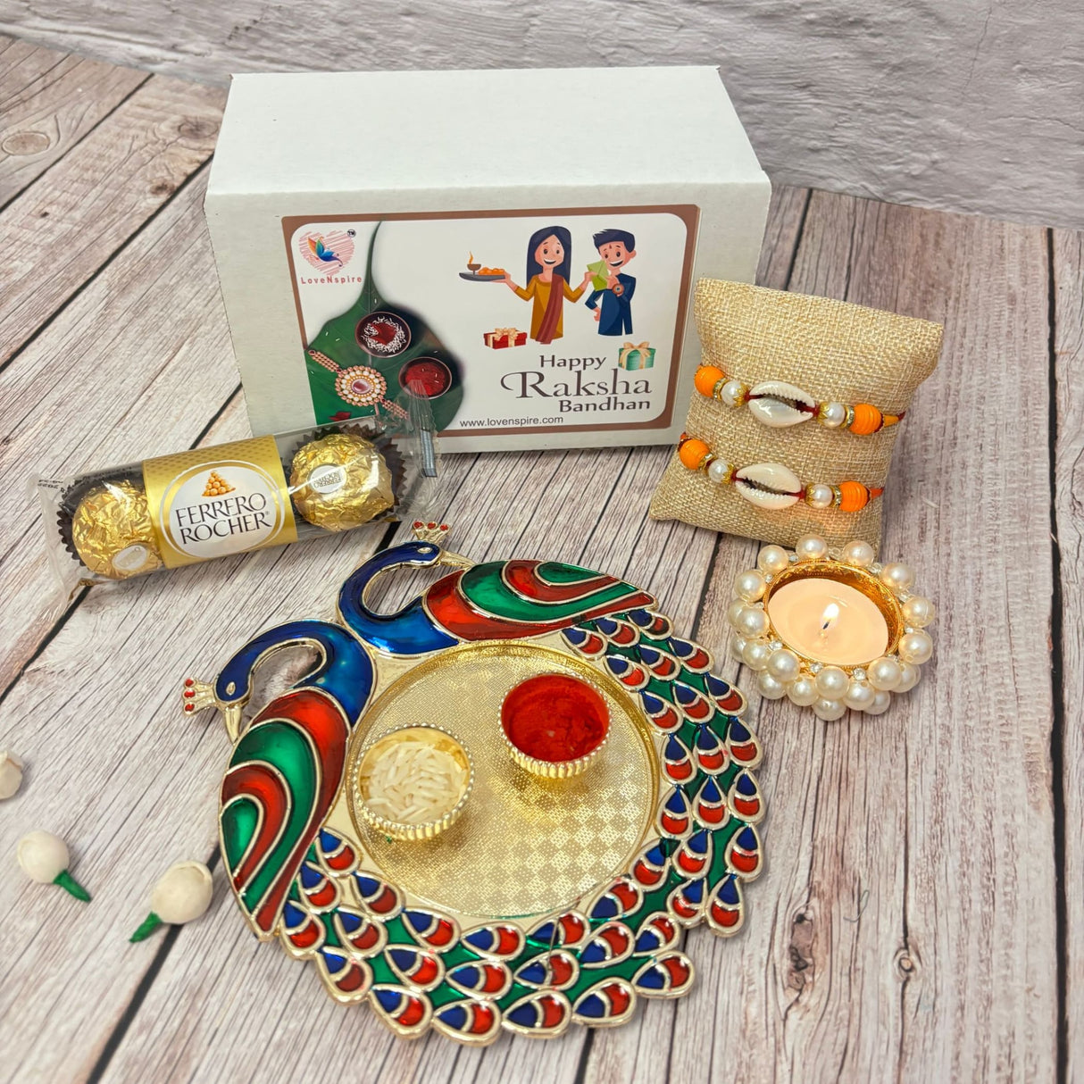 Peacock Rakhi Gift Hamper with Gift Box Set of 2 Rakhi with Traditional Puja Plate Roli Chawal Oil Diya - Raksha Bandhan Bracelet Rakhi for Brother Bhai Bhabhi Sister-In-Law - LoveNspire